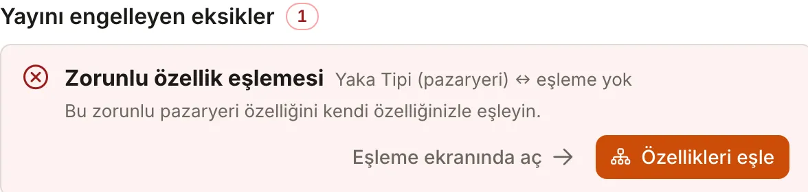 Hepsiburada yayın denetimi, yayını engelleyen 1 eksik: Yaka Tipi zorunlu özelliği eşlenmemiş; Eşleme ekranında aç ve Özellikleri eşle düğmeleri.